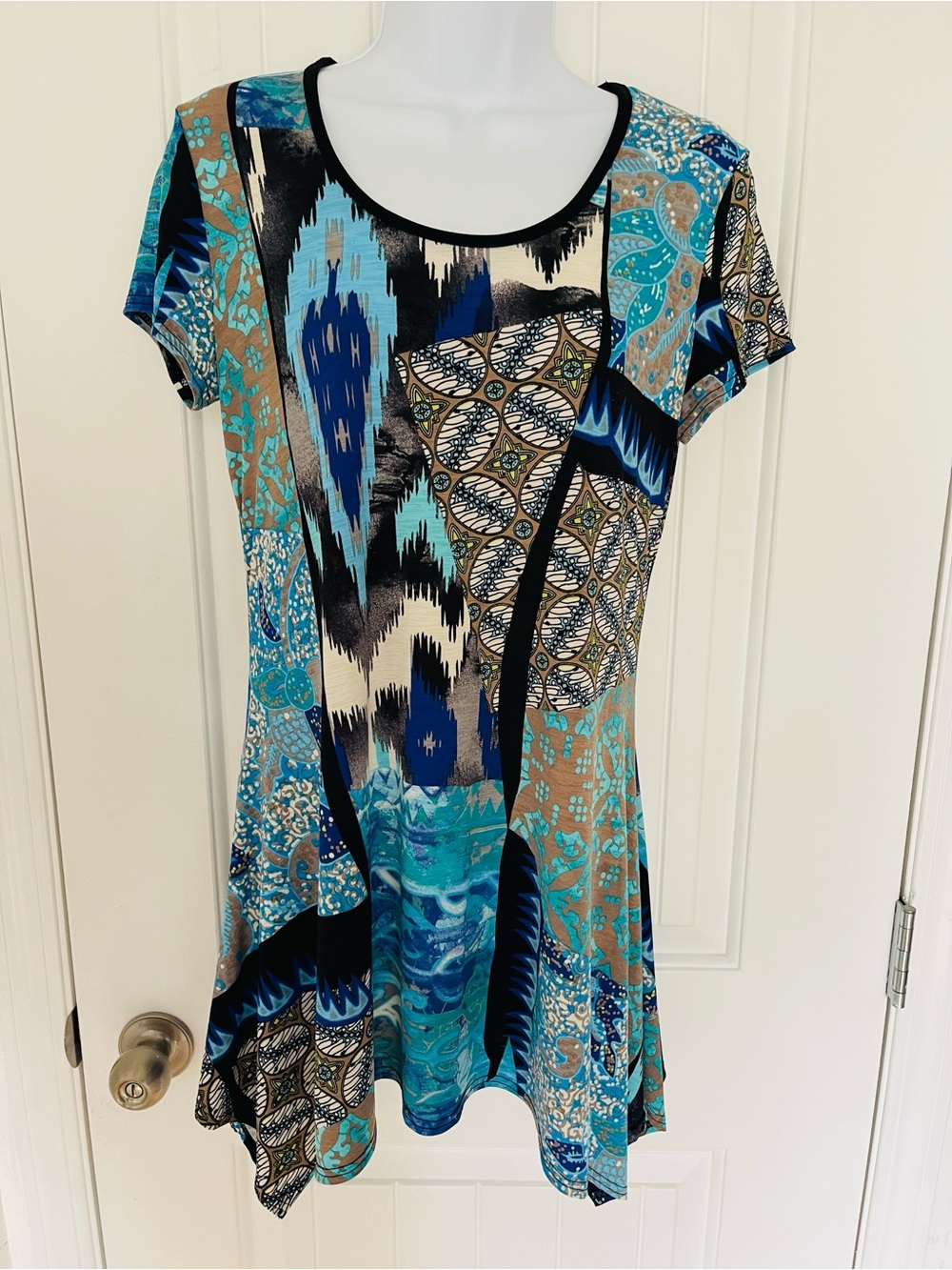 Women’s Abstract Patchwork Swing Tunic in Teal and Blue